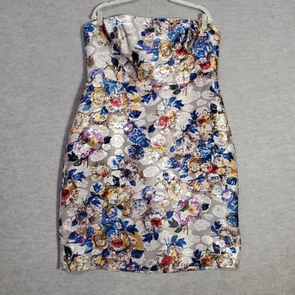 J Crew Women Dress 16 Silver Flower Strapless Jacquard Lined Zipper
